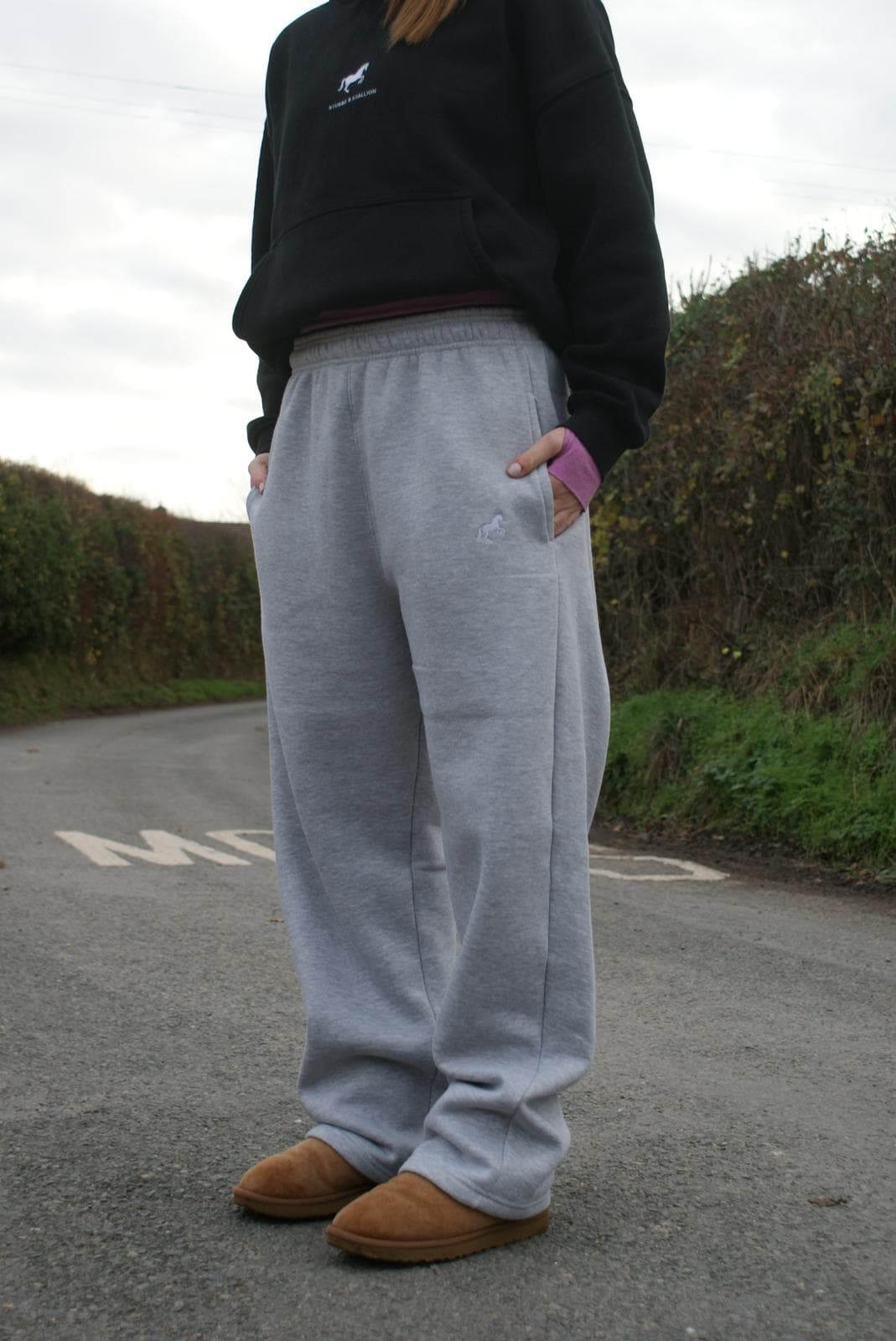 Grey joggers worn outdoors
