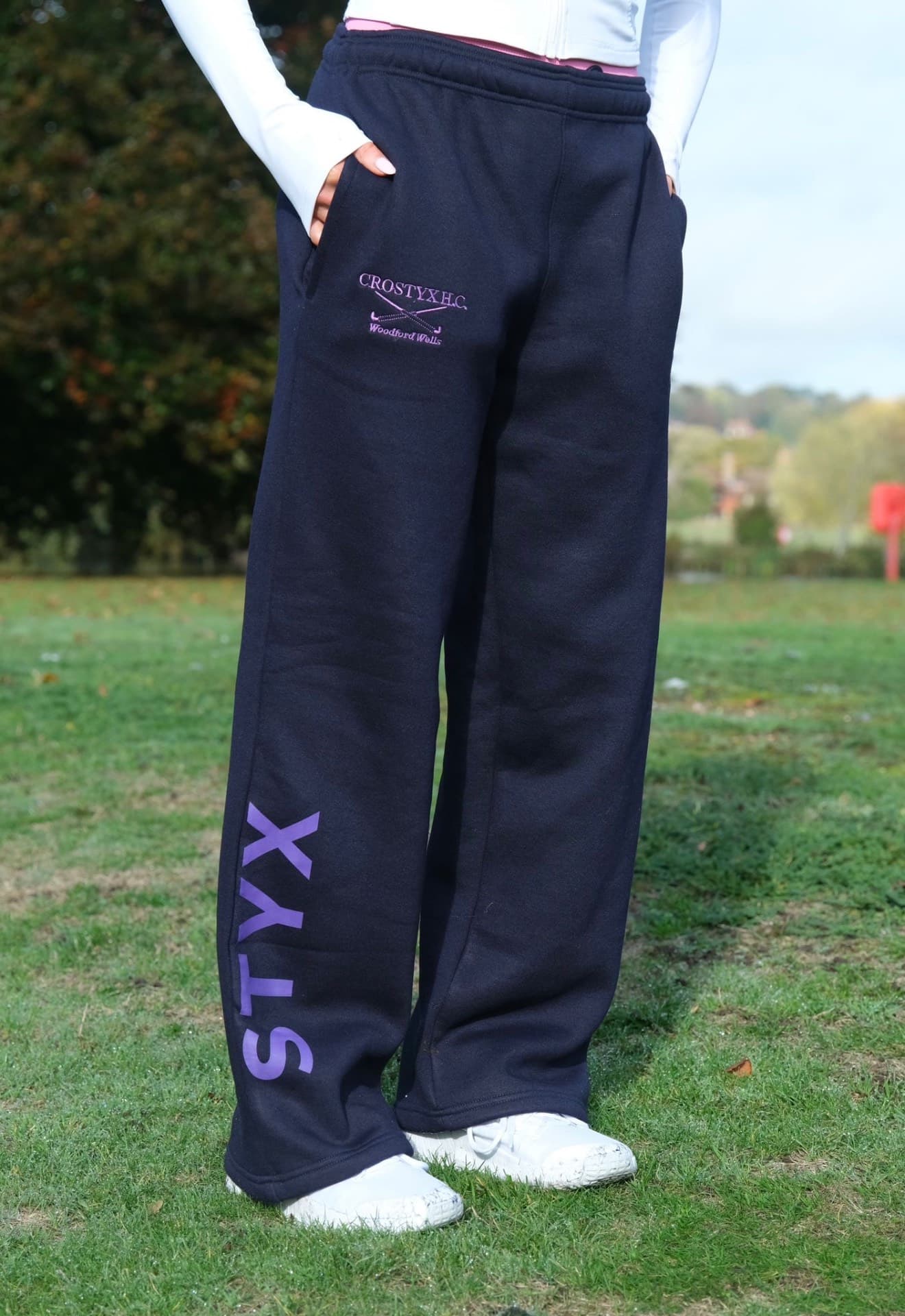 Navy joggers worn outdoors